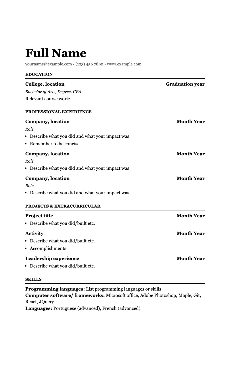 Basic professional resume - Clean, serif-style resume showcasing education, experience, projects and skills in print-ready layout.